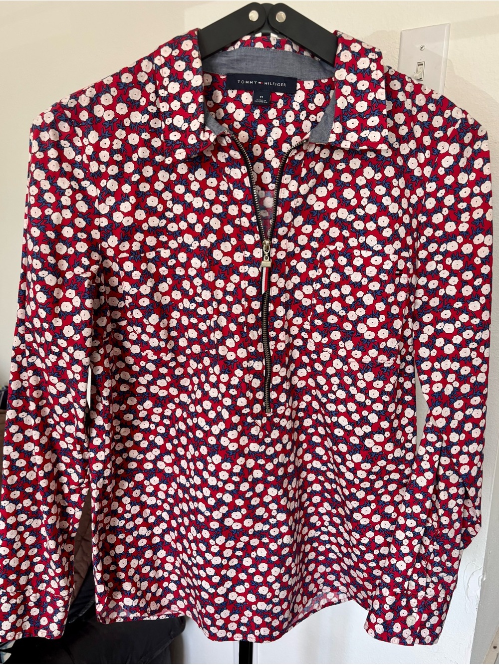 Tommy Hilfiger Red Floral Half-Zip Long Sleeve Top